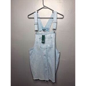 Light Wash Denim Retro Casual Overall y2k Mini Dress Distressed Raw Hem Size L
